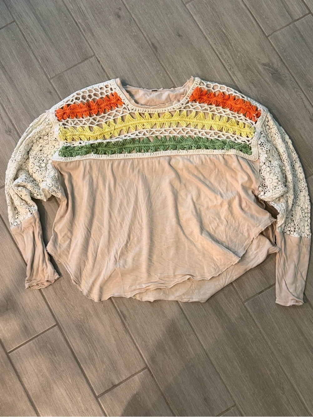 Free People Cream Pullover with Orange, Yellow & Green Crochet Yoke